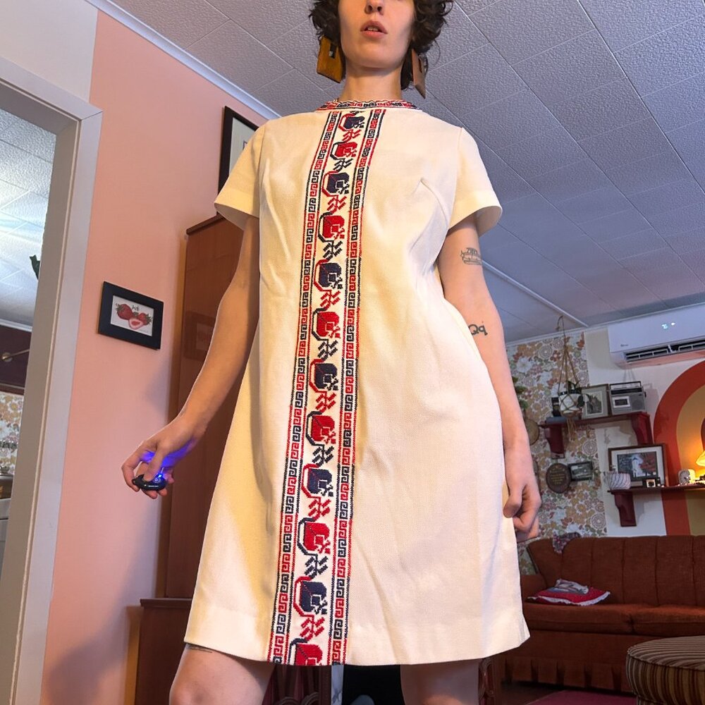 1960s MOD amy adams knits 60s mod embrodiered stripe hippie white dress!